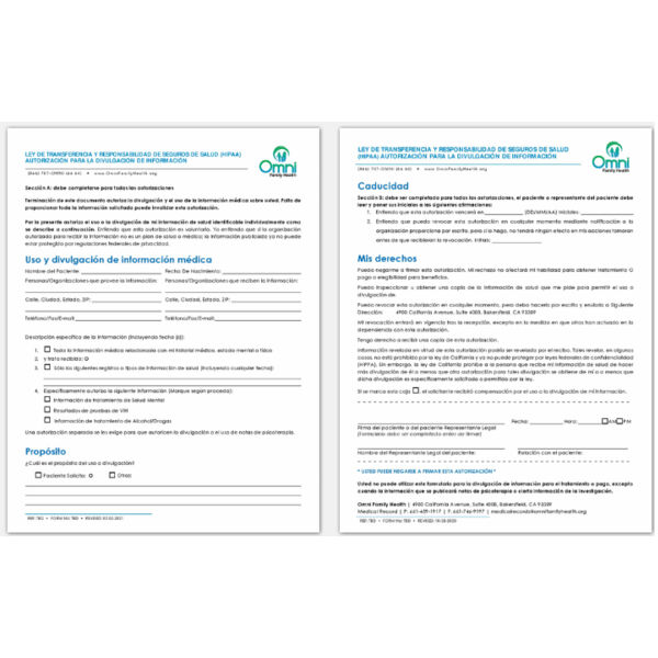 Authorization for Release of Medical Information - Spanish Thumbnail